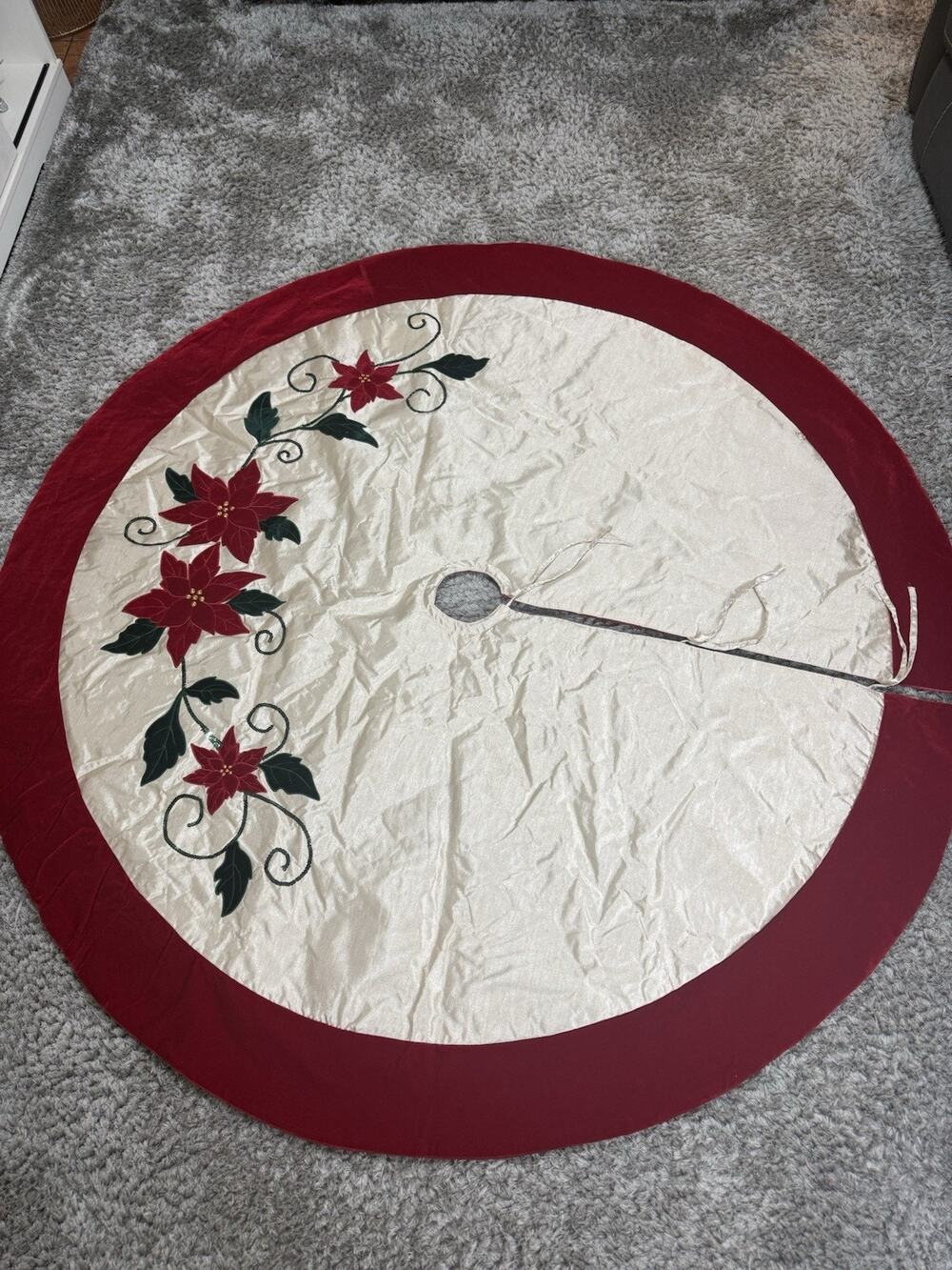 Christmas Tree Skirt XL 62x66 Velvet Poinsettia Embroidered Holiday Decor